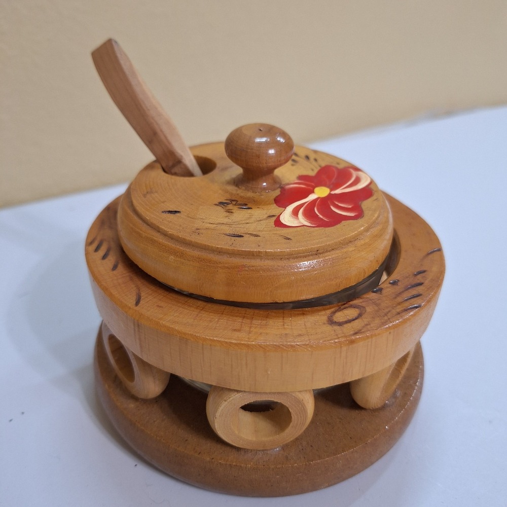 Handmade In Mexico Salsa Condiment Sugar Bowl With Lid/Spoon‎ Glass Bowl